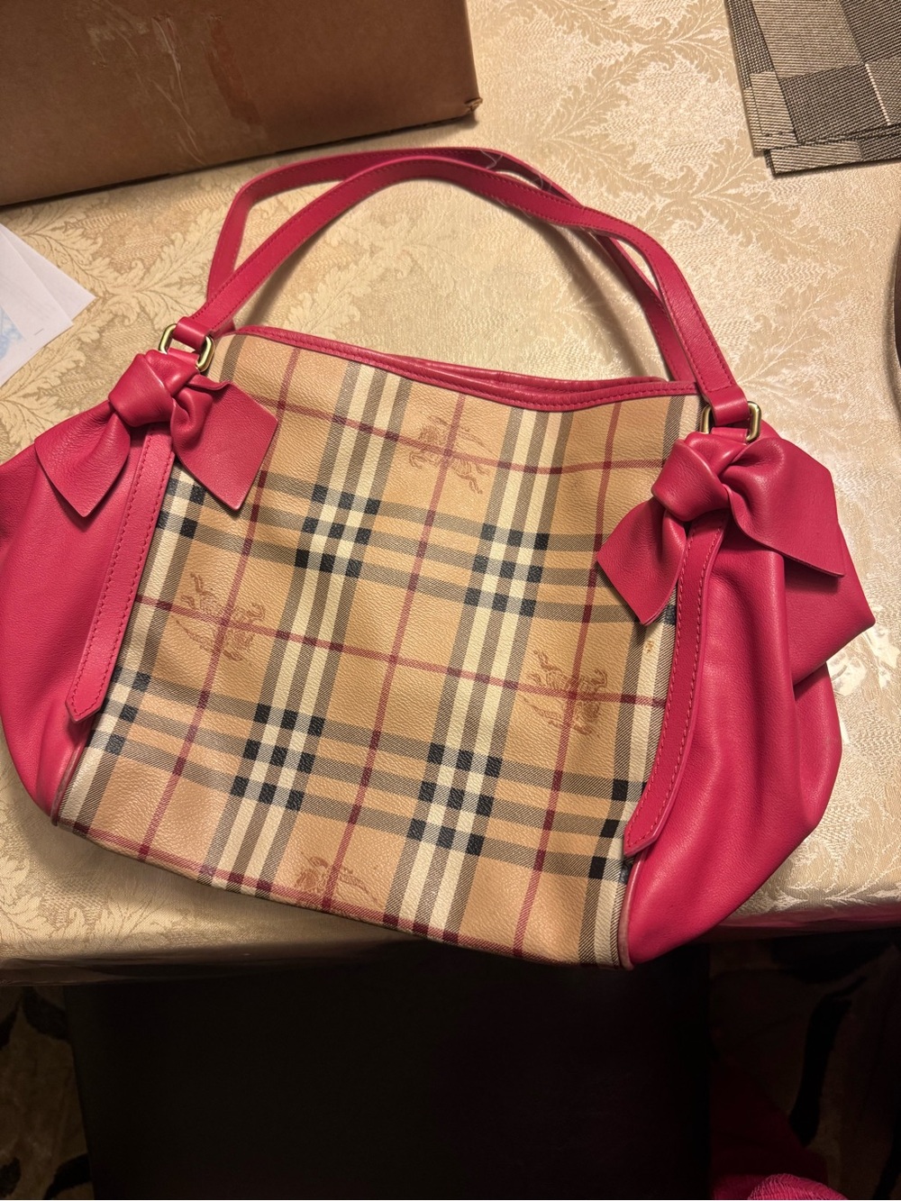 Auth Burberry Small Canterbury Haymarket Check Pink Leather Trim Tote + COA